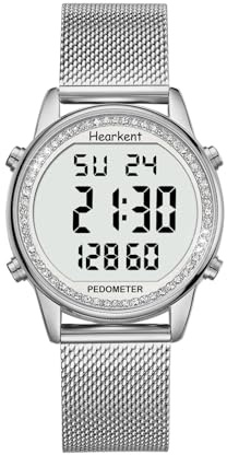 Schrittzähler Damenuhr mit Edelstahlarmband, keine App, kein Aufladen erforderlich für Schritte, Kalorien, Entfernung, Wecker, Countdown-Timer, Glänzendes Silber, Armband