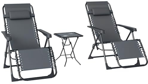 Outsunny Set de 2 Tumbonas Jardín Exterior Plegables con Mesa Auxiliar Portavasos Tumbonas de Gravedad Cero con Respaldo Ajustable Reposabrazos Extraíble para Patio Piscina Terraza Exterior Gris