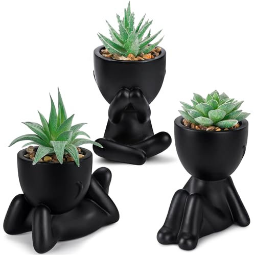 BTSD-home Set of 3 Faux Succulent Plants in Black Pots Mini Artificial Plants Indoor for Room Home Bedroom Bathroom Decor