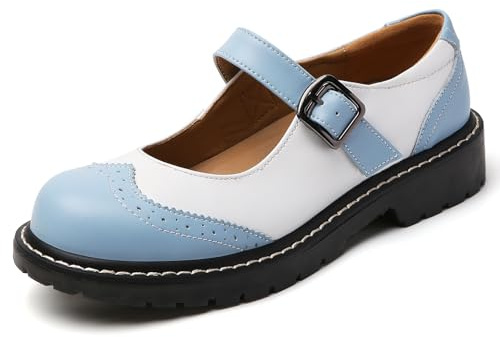 XMM Mary Jane Shoes Women Mary Janes Flats Ladies Saddle Oxford Shoes for Women Comfort Leather Round Toe Non-Slip Ankle Strap Dressy Casual Cute Girls Kawaii Lolita School Shoe White Size 9.5