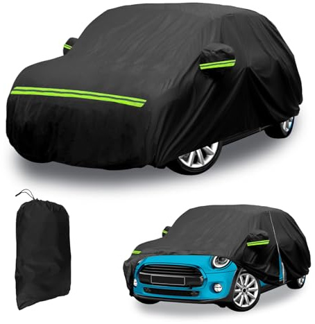 Autoabdeckung für Mini Cooper 5 Doors 2013-2024, 7 Schichten Atmungsaktiv Wasserdicht Vollgarage Autoabdeckung Ersatz mit Reißverschluss & Winddichtem Gurt, für Sonne Staub Schutz Verkratzt (Schwarz)