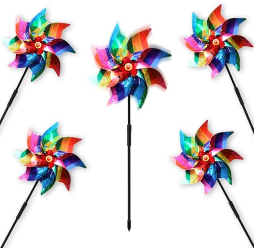Reflective Bird Scarer Windmill,Windmills Scare Birds Pigeons Deterrent,Colorful Rainbow Pinwheel Wind Spinners for Protection of Garden Crops, Fruits, Flowers, Lawns (5Pcs) (5PCS-A)