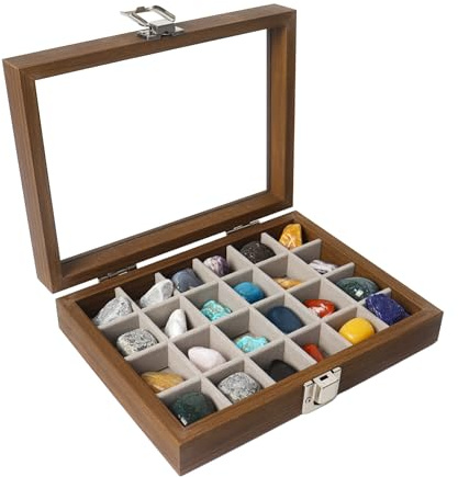 Dmnnlp 24 Grids Rock Display Case, hölzerne Rock Collection Box mit klarem Glasdeckel, Storage Display Boxen für Sammlerstücke Edelstein Fossil Kristall Stein Schmuck (Dunkelbraun)