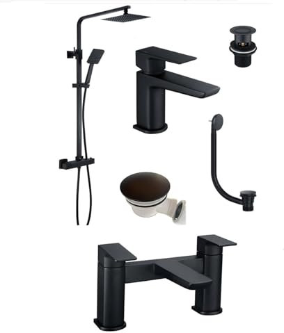 Matt Black | Square Thermostatic Overhead Shower Kit with Basin Tap, Bath Filler and Wastes | Complete Pack | Inc All Wastes | Matt Black Finish |