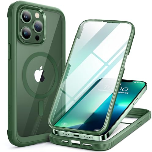 Miracase Magnetic Case for iPhone 13 Pro Max Case 6.7-Inch, [Built-in 9H Tempered Glass Screen Protector] Full Body Bumper Shockproof Cover with Clear Back, Compatible with MagSafe (Green)