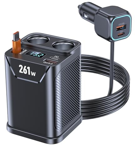 261W 7 in 1 Caricatore per Auto, 45W Retrattile PD 3.0 Accendisigari USB, 2 Prese 110W e Doppia USB C 35W e QC3.0 18W con Interruttore LED Voltmetro 12V/24V Accendisigari Auto per Cellulare, iPad