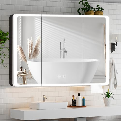 Buildonely Spiegelschrank Bad mit Beleuchtung 90 x 70 cm, Spiegelschrank Bad mit Antibeschlag-Funktion, Touchscreen-Steuerung, Aluminiumlegierung, Schwarz, Montagefrei