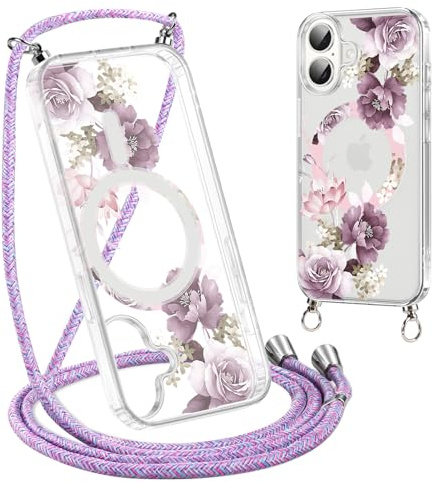 Xylota Handyband für iPhone 17 6,3'' Magnetisch Hülle mit Band [Kompatibel mit MagSafe], Transparent Handyhülle mit Kordel, Aesthetic Muster Schutzhülle für iPhone 17 zum Umhängen, Blumen 02