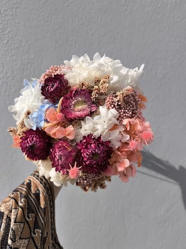 Ramo de Flores Preservadas, Hortensias y Flores Silvestres, Rosa Pálido y Blanco, 30 x 30 x 30 cm, Decoración Interior
