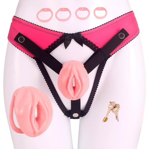Jouet Adulte Cage de Chasteté pour Pénis avec Mini-Serrure et 4 Anneaux Différents Sex Toys Homme Sissy Chastity Cage Man Légère en Résine et Silicone avec Ceinture pour Attacher le Pénis (Pink-A)