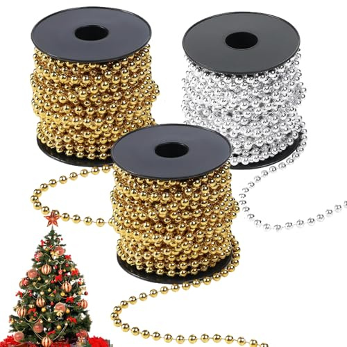 3 Rollen Perlengirlande Weihnachtsbaum Christbaumschmuck, Perlenkette Weihnachtsbaum – für Festliche Atmosphäre, Weihnachtsdekoration - Hochzeitsdekoration - Gold 20m,Silber 10m