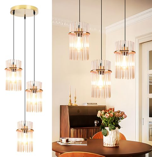 Lichtmaler Ljuskrona Guld 3-armig - Rund E27 Hängande Armatur med Glas Ø 16 cm för Matsal, Kök, Vardagsrum, Kafé, Bar (utan glödlampa)
