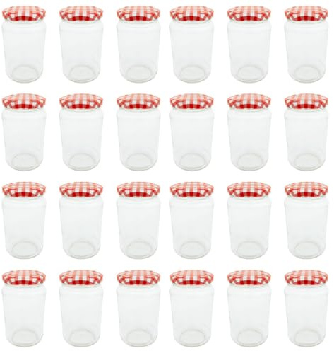 Bramley & Sage 24 x 375ml 1lb Round Glass Jam Jars with Red Gingham Twist-Off Lids