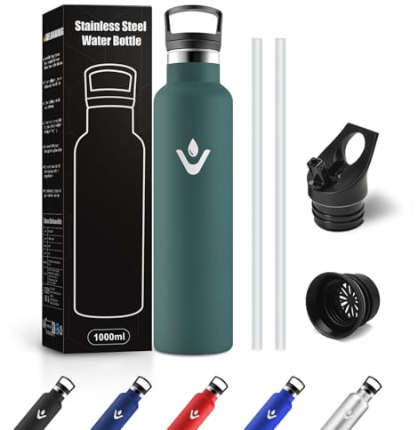 Botella Agua Deporte 1L, Cantimplora Acero Inoxidable Reutilizable, sin BPA, Botella para Adultos, Escuela, Oficina, Viajes, Senderismo