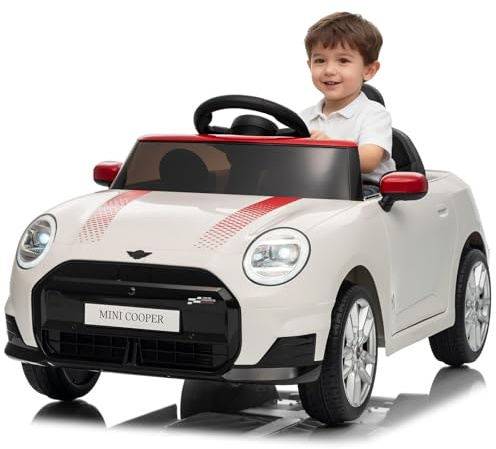 RBFGYIOP Macchina Elettrica MINI per Bambini con Licenza – 12V, Telecomando, Porte Doppie, Luci LED, Musica, USB, Cintura di Sicurezza – Veicolo 3+ Anni – Bianco