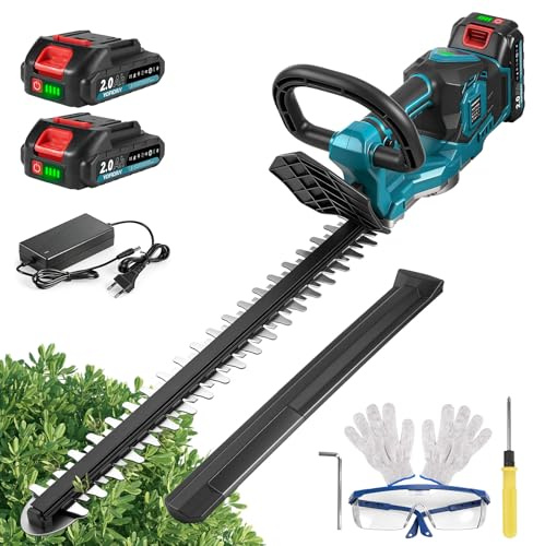 Yofidra 48cm Taille Haie Batterie, 3 Vitesses, SK5 Lame Double, Écartement 20mm, Taille-Haie Électrique sans Fil avec 2×2000mAh Batteries, Moteur sans Balais, pour Jardin Haies Arbustes Buissons