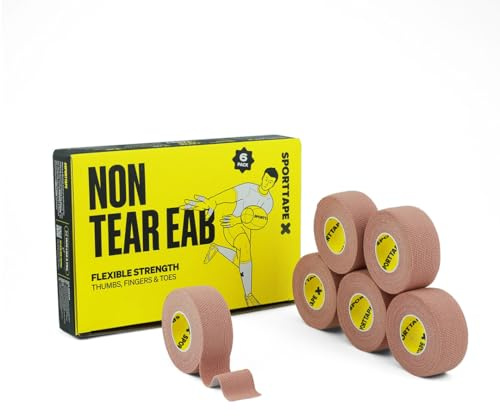 SPORTTAPE Tan EAB Fabric Strapping Tape - 2.5cm x 4.5m, 6 Rolls | Plaster Tape for Finger & Toe Taping, Holding Dressings, Splinting | Non-Tear Elastic Adhesive Bandage for Sport, Medical, First Aid