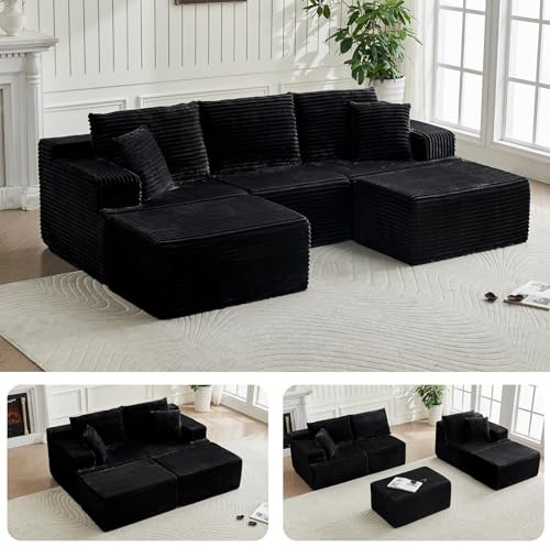 TEYVOKS Modulares U-Form Ecksofa 262cm Schwarz | Ohne Montage, Füllung aus Schaumstoff, rahmenloses Design für Wohnzimmer
