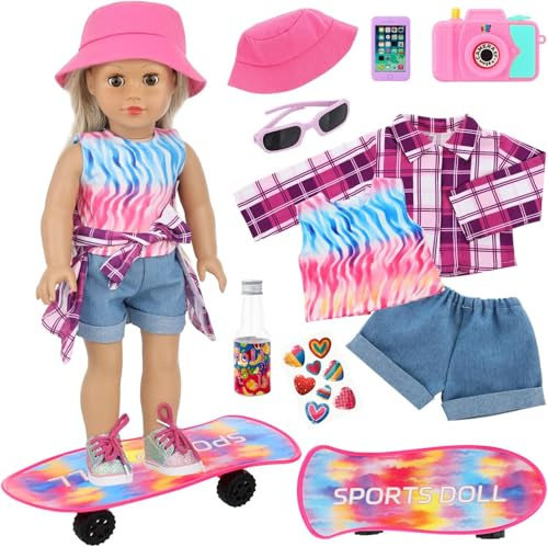 ZITA ELEMENT 18 Inch Doll Clothes and Skateboard Accessories | 45cm Doll Sports Clothes;Fisherman's Hat Outfits Sunglasses Camera（Random） Skateboard Bottle Sticker; No Doll and Shoes