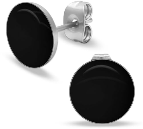 Soul-Cats orecchini a bottone rotondi in acciaio inox lucido per donne e ragazze, diametro 10 mm, colore: nero