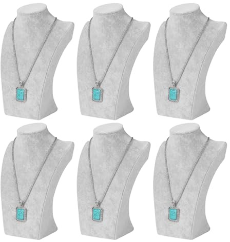 Flexzion Necklace Bust Display Stand (6 Pack) - 10 Inch 3D Mannequin Gray Velvet Necklace Display Holder for Home, Boutique & Trade Shows - Jewelry Display for Selling Necklace, Pendants, Lockets