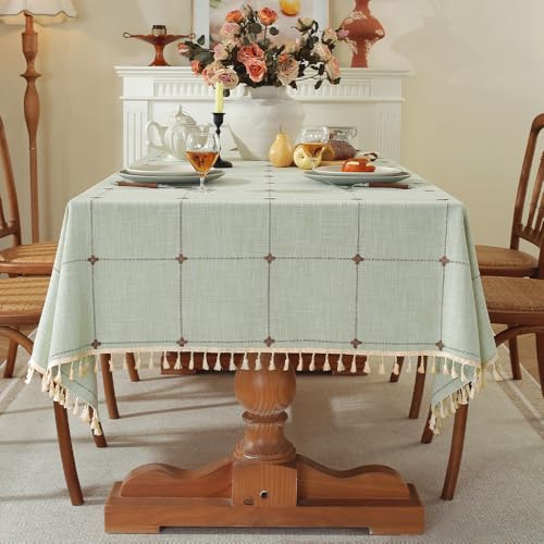 Pahajim Tischdecke Quadratisch Baumwolle Leinen Tischdecke Abwaschbar Elegante Karierte Tischtuch mit Quasten Küchentischabdeckung für Speisetisch,Outdoor(Grün, 140 x 140 cm)