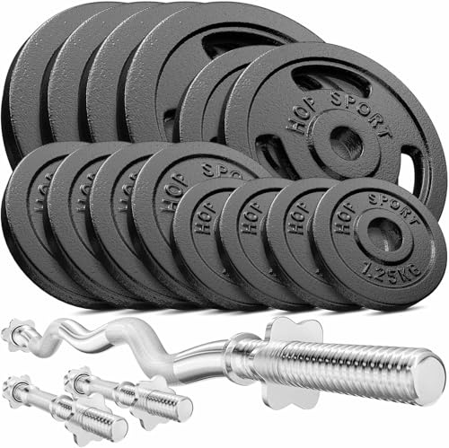 Hop-Sport Guss Hantelset mit SZ-Stange, Kurzhantelstangen und Gewichten, 1x Curlstange, 2x Kurzhantel, Set 37kg 57kg oder 77kg zur Auswahl (77kg)