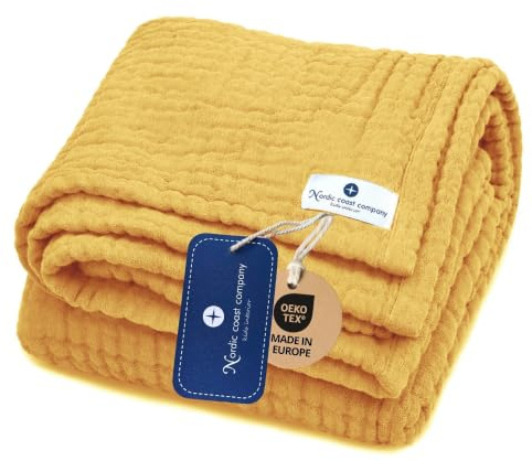 nordic coast company Musselin Decke Baby [75x100 cm] – Musselindecke | Krabbeldecke Neugeborene – 100% Baumwolle, 4-lagig, Spucktuch, Stilltuch – Baby Erstausstattung Neugeborene (Curry)