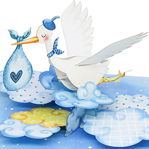 Liebessa 3D Pop Up Karte Gratulation zur Jungen-Geburt (Baby), Glückwunschkarte Sohn, Junge, Boy, Geburtskarte, Handgemachte 3D Babykarte Blau-Storch (Junge-Baby-Storch-Blue)