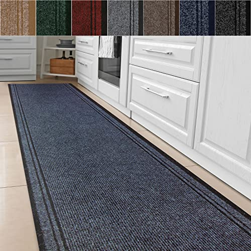 Küchenläufer Malaga - Nadelfilzteppich auf Maß in vielen Farben - Teppich Küchenteppich - Läufer für Flur & Küche - Teppichläufer rutschfest & pflegeleicht (Blau 5072, 66 x 350 cm)