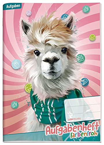 Häfft® Aufgabenheft Farbenfroh A6 Lama Hausaufgabenheft Grundschule ohne Datum für EIN Schuljahr - undatiert, mit Schutzumschlag - nachhaltig & klimafreundlich