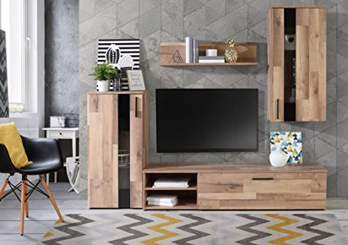 Forte Crunch Wohnwand 210 220, modern Wohnwand mit 2 Türen, Schrankwand, Holzwerkstoff, Stabeiche Holzdekor, 213 cm breit x 184 cm hoch x 41,3 cm tief