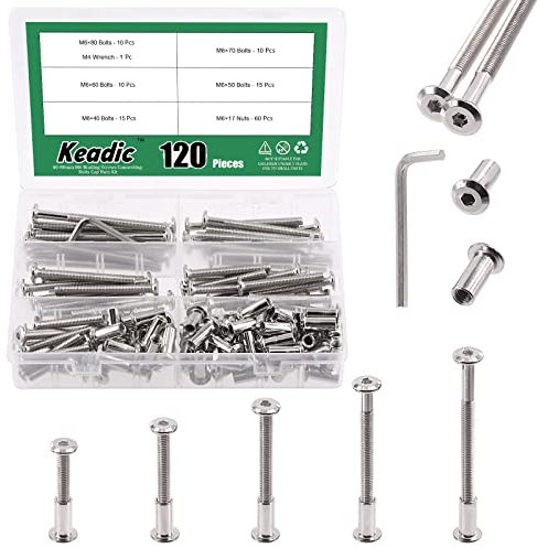 Keadic 121 Pcs M6 x 40/50/60/70/80mm Socket Cap Bolts Barrel Nuts Kit with Hex Key, 5 Sizes Silver Binding Screws Stud Posts Assortment Kit Countersunk Furniture Crib Bolts for Bed Chair Table Cabinet