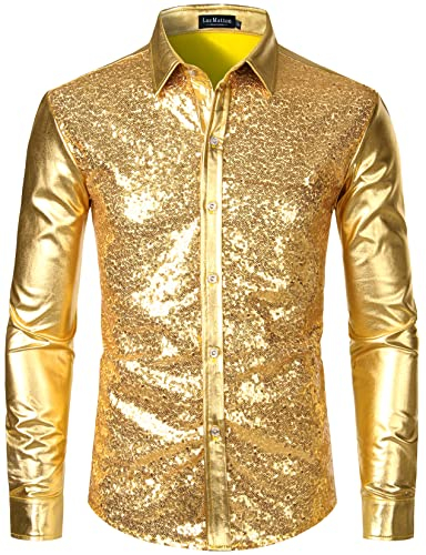 LucMatton Hemden für Herren, glänzende Metallic-Pailletten, langärmelige, Knopfleiste, 70er-Jahre Disco-Stil, für Halloween, Cosplay, Club, Rock-, Hip-Hop-Party, Gold, Größe XXL, metallisch, XX-Large