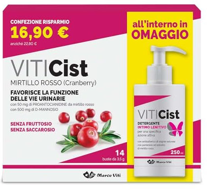 Marco Viti Viticist Kit Integratore con Cranberry e D-Mannosio + Detergente Intimo Lenitivo, 14 Bustine da 3,5 g + 250 ml, Supporto Vie Urinarie, Senza Glutine e Lattosio