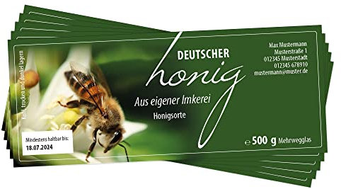 Apoidea – Honig Etiketten Rechteckig selbstklebend & personalisierbar - 25 Stück - Etiketten Honiggläser 500 g - Honig Aufkleber für selbstgemachten Honig - Honigetiketten für Honiggläser