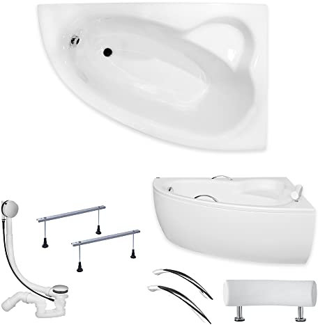 KOLMAN Badewanne NATALIA PREMIUM Eckbadewanne 150x100 Rechts mit AcrylSchürze + Handgriffen, Ablaufgarnitur und Füßen Komplettset 5in1 Premium Original Acryl Wanne Siphon