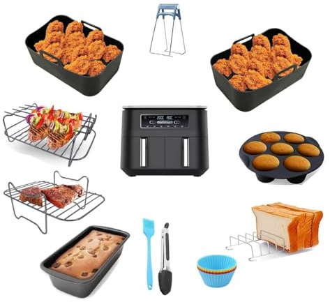 Air Fryer Accessories for Ninja Foodi Dual, AF300UK 7.6L, AF400UK 9.5L, SL400UK, Tower T17088 9L, Set of 11 Including Silicone Air Fryer Liners, Air Fryer Rack