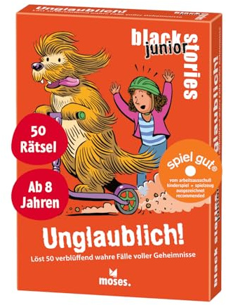 Moses. Black Stories junior Unglaublich! - 50 verblüffend wahre Rätselfälle voller Geheimnisse, Rätsel Kartenspiel mit Spielvariante und Punktechips, Rätselspiel für Kinder ab 8 Jahren