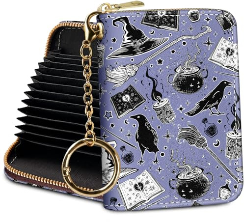 Porte-cartes de crédit RFID - Petit portefeuille pour femme avec porte-clés et fermeture éclair - Imprimé en cuir amusant - Cadeau accordéon, Magique., 4.3D x 3.1W x 1H, gothique