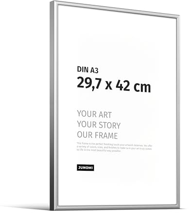 JUNOMI® Cornice portafoto A3 (29,7 × 42 cm), alluminio argento opaco elegante – profilo slim, vetro acrilico antiurto, appendiatura orizzontale e verticale