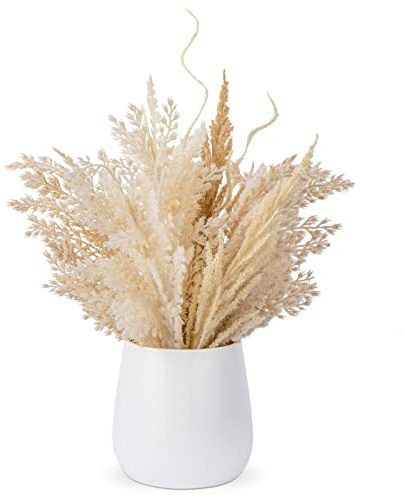 Oairse Herbe de la pampa artificielle avec vase inclus, bouquet de fleurs artificielles duveteuses pour la maison, la table de mariage, la décoration bohème, beige séchée