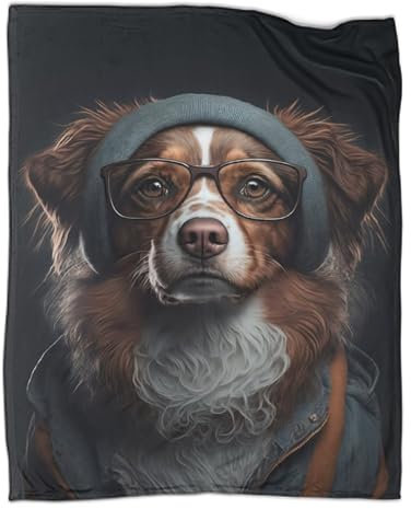 TV-Fleecedecke, Sofaüberwurf, Hipster-Hund in Kleidung, Bedruckt, weiche Überwürfe, Flanelldecken, warme, gemütliche Plüschdecken für Erwachsene und Kinder, 100 x 130 cm
