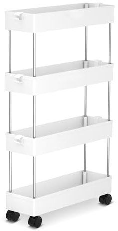 TAFONUP Rollwagen, Küchenwagen mit 4 Ebenen, Küchenregal mit 6 Haken, Nischenregal auf Rollen, Aufbewahrungsregal für Küche, Büro, Bad, Waschküche - 86 x 40 x 12.5cm