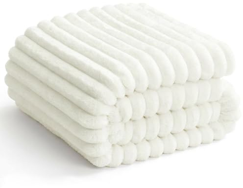 WAVVE Kuscheldecke Wollweiß Flauschig Decke - 150x200cm - Weiche Flanell Fleecedecke, Sofadecke & Couchdecke, Warme Korddecke für Wohnzimmer Deko, Sofaüberwurf Tagesdecke