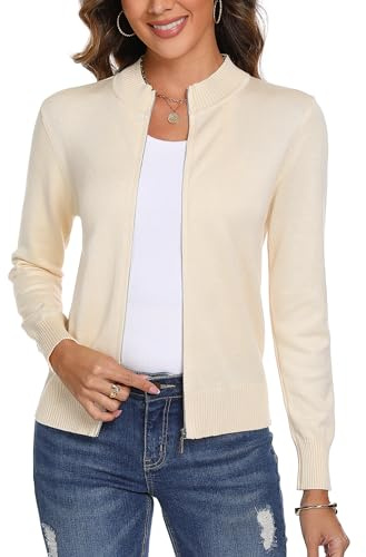Aottori Cárdigan de Punto para Mujeres con Cremallera Manga Larga Suéter Cardigans Elegante Casual Jerseis Outwear Chaqueta Albaricoque M