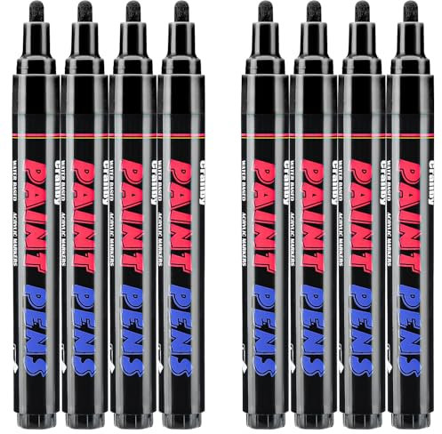 Craiiby Black Paint Pens Paint Markers - 8 Pack Permanent Quick Dry Waterproof Marker Pens for Rocks Wood Fabric Plastic Canvas Glass Mugs Metal Tire Stone