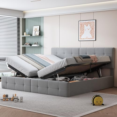Polsterbett Doppel-Hoch Boxbett 180x200, Doppelbett Hydraulisch Stauraumbett mit Stauraum&Lattenrost, Hochkastenbett Rückenlehne Bettgestell mit Höhenverstellbar Kopfteil, Samt, Ohne Matratze, Grau