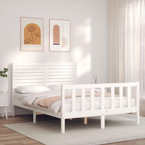 Sufrk Massivholzbett mit Kopfteil Bettgestell Bed Frame Holzbett Kopfteil Bett Schlafzimmer Bett Massivholzbetten Weiß 120x200 cm - 3193202