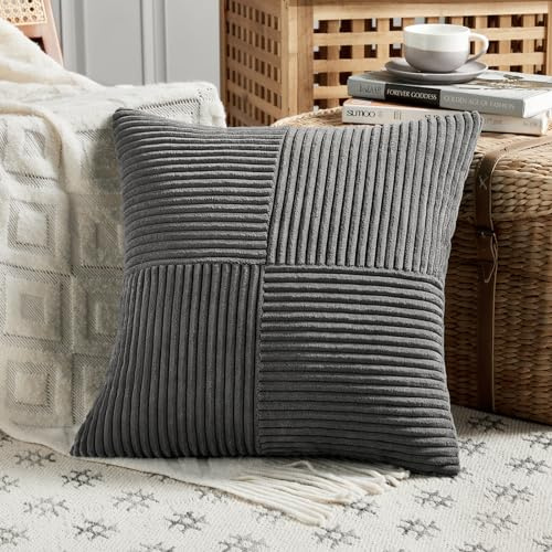 FDTERN 1 Stück Dunkelgrau Kissenbezug 65x65 cm Weich Kordsamt Kissenbezüge Kissenhülle Dekokissenbezug Sofakissen Dekokissen Boho Deko für Sofa Schlafzimmer Wohnzimmer Balkon (Ohne Kissenfüllung)